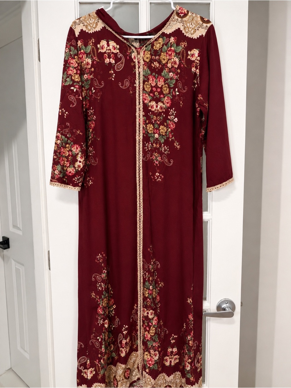 Vintage Boho Burgundy Floral Maxi Dress Women’s Festival Cottage Core
